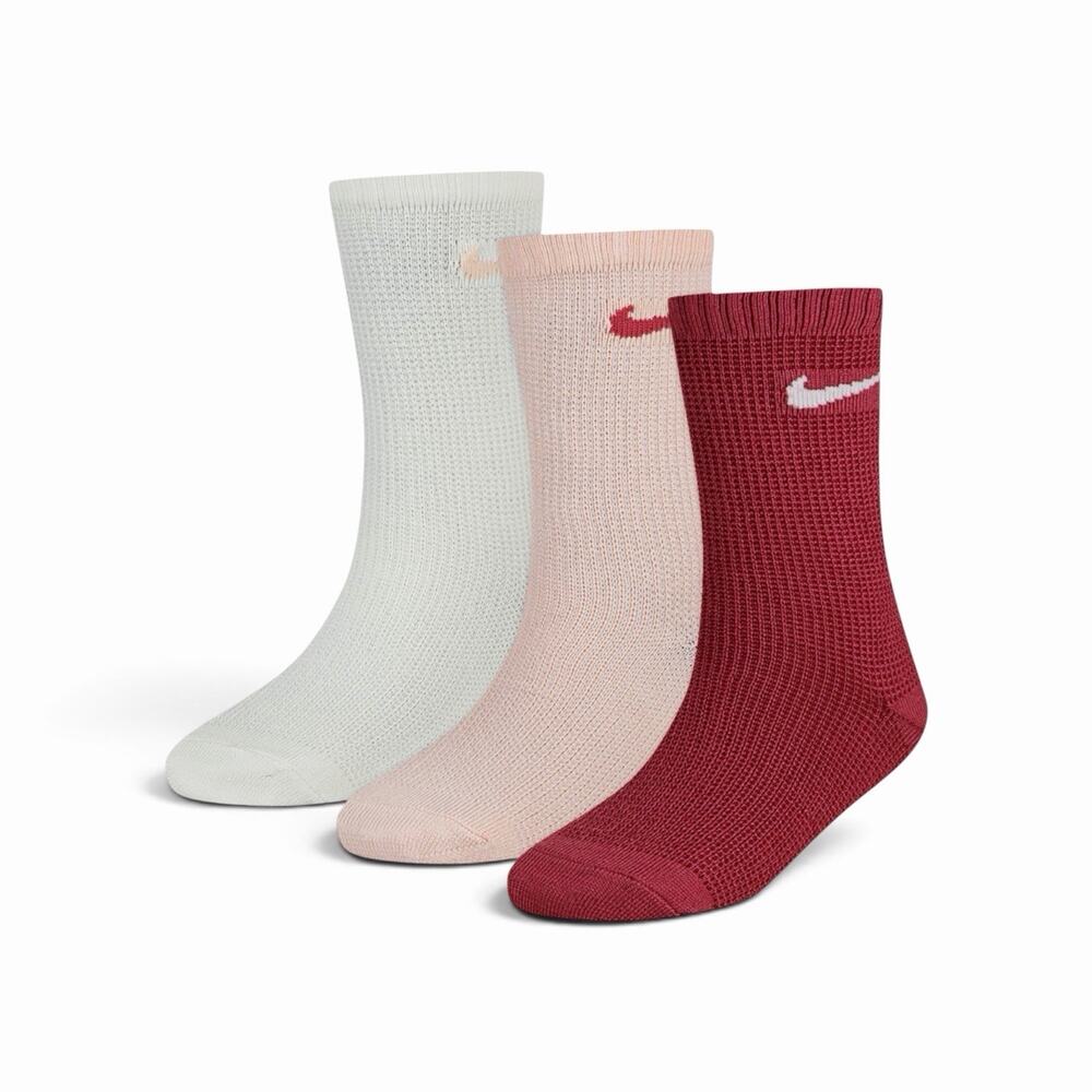 Nike Kids Soft And Cozy 3-Pack Waffle Crew Socks Size 5-7 Pink Burgundy White